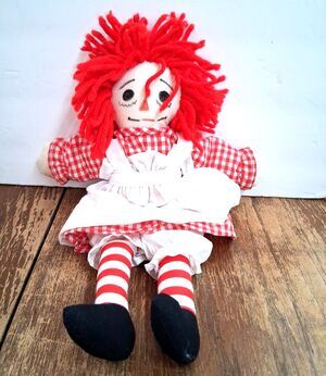Vintage Raggedy Ann Handmade Rag Doll 12" Hand Painted Face Red Yarn Hair Cloth